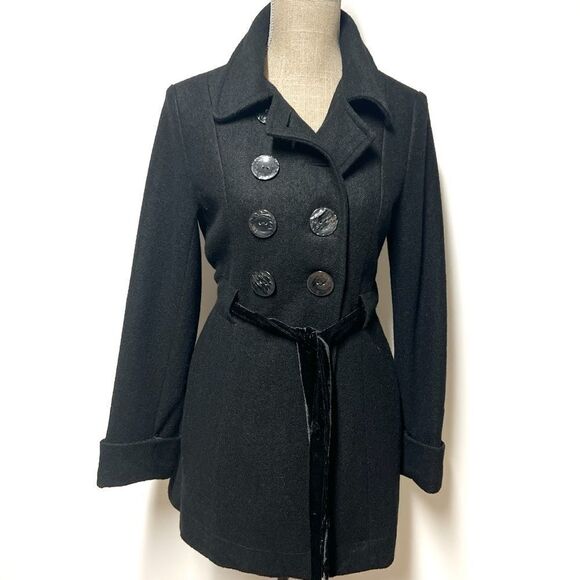 Anthropologie Hazel Black Tweed Long Line Double Breasted Wool Blend Pea Coat S - Picture 2 of 6